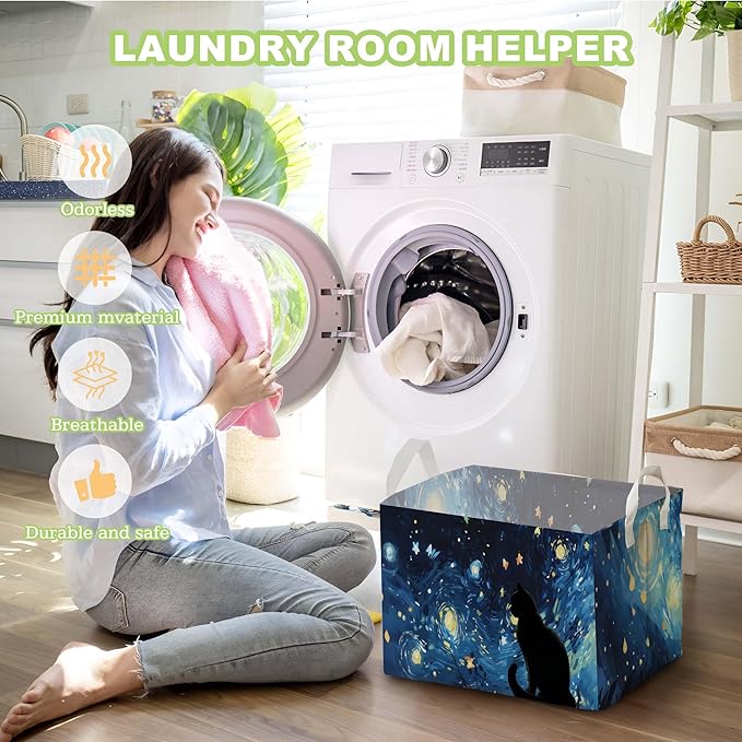 Starry Night Black Cat Toy Basket, Closet Shelf Organizer Baskets for Nursery Decor, Bathroom, Bedroom, Home Decor Gift Basket Large Squarecanvas Laundry Hamper With a Waterproof PE Coating, Foldable