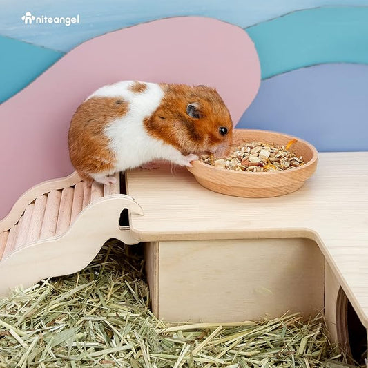 Niteangel Wooden Hamster Feeding Bowl: - Small Animal Food Dish for Dwarf Syrian Hamsters Gerbils Mice Degus or Other Similar-Sized Small Pets (No Pattern, for Syrian)