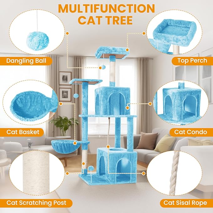54-Inch Cat Tree Tower with 2 Caves & 2 Pompoms - Multi-Level Tower for Indoor Cats, Soft Plush Condo with Scratching Posts - Sturdy Base for Large Cats(Blue)