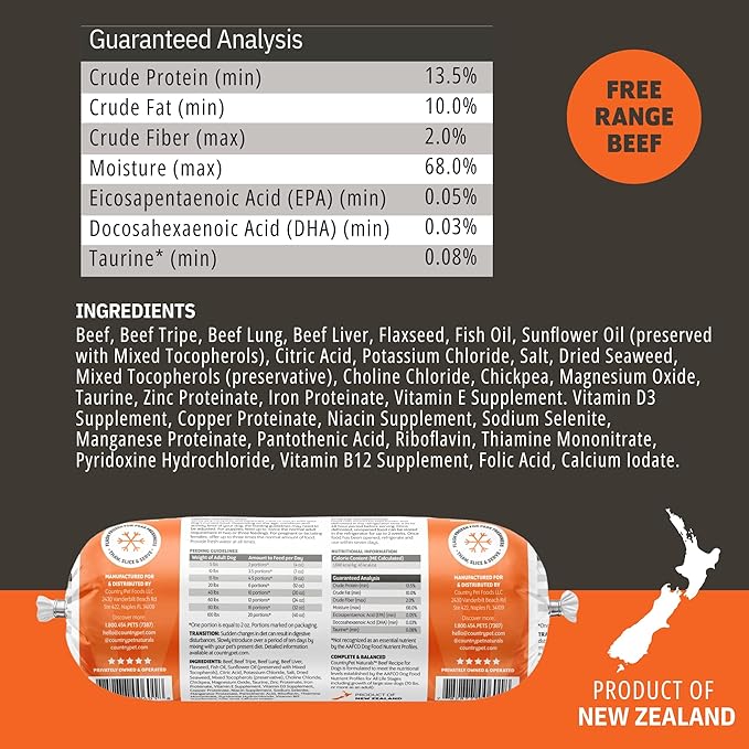 New Zealand Beef Frozen Fresh Dog Food, High-Protein 91% Grass-Fed Free-Range Meat, Gently Cooked, Grain-Free, Omega-3s, 8 Rolls (12 lb Case)