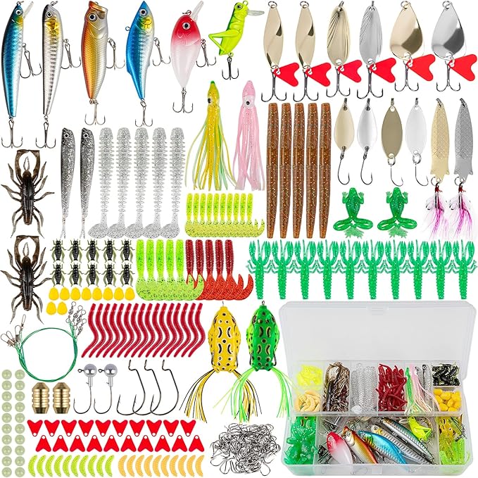GOANDO Fishing Lures Kit for Freshwater Bait Tackle Kit for Bass Trout Salmon Fishing Accessories Tackle Box Including Spoon Lures Soft Plastic Worms Fishing Gifts