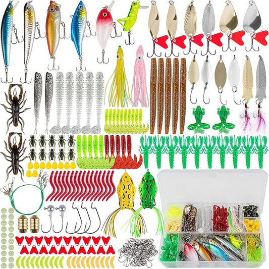 GOANDO Fishing Lures Kit for Freshwater Bait Tackle Kit for Bass Trout Salmon Fishing Accessories Tackle Box Including Spoon Lures Soft Plastic Worms Fishing Gifts