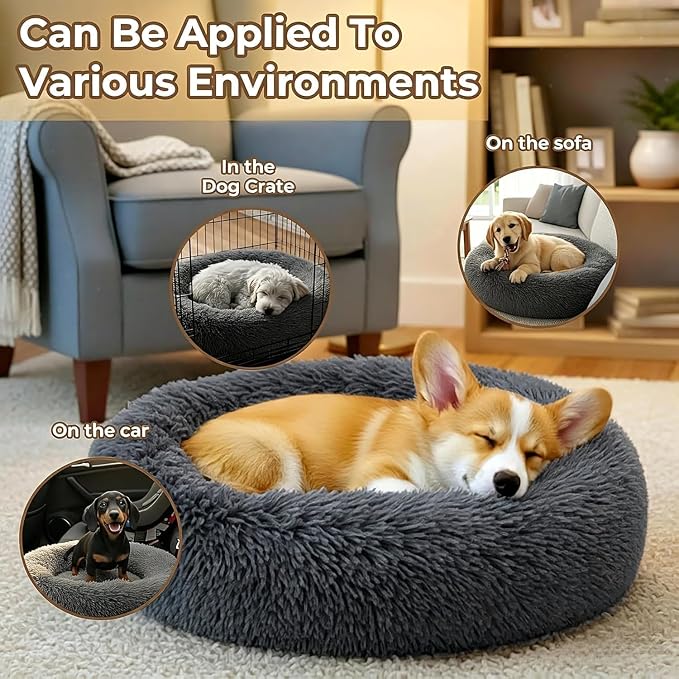 Calming Extra Large Donut Dog Bed, Anti-Anxiety Round Soft Fluffy Plush Faux Fur Washable Anti-Slip Pet Bed for Medium Dogs Up to 45 lbs 32in Darkgray