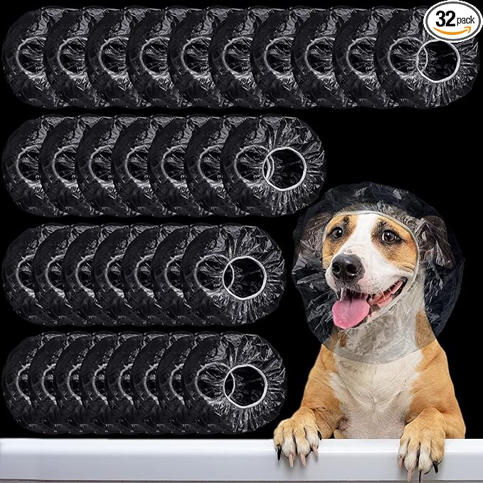 Weewooday 32 Pieces Disposable Pet Shower Caps - Plastic Dog Ear Covers for Bathing, Drops, Guard - Transparent Overhanging Ears Protection for Puppy, Kitten, Small Pets Bath, Shower, Rain Water