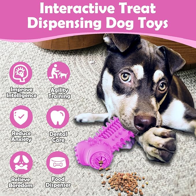 Toothbrush Dog Chew Toy, Stick Bone for Dog Teeth Cleaning, Tooth Brushing, Teething Chew Toys, Interactive Treat Dispenser Toy & Bite and Brush Toy for Medium and Large Dogs - Pink