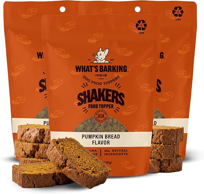 What's Barking Shakers Meal Toppers, Dog Treat Crumbles for Food Topping, Pet Essentials, Sprinkle Topper for Kibble or Wet Food, Made in USA, Resealable Bag (Pack of 3, Pumpkin Bread)