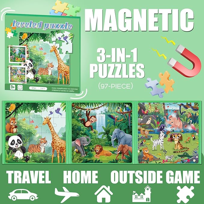 Magnetic Puzzles for Toddlers 3-5, 75-Pieces Travel Toys, Animal Jungle Puzzles Ages 4-6, Educational Learning Magnets, Road Car Trip & Airplane Activities Toys for 3 4 5 6 7 Girls Boys Gift