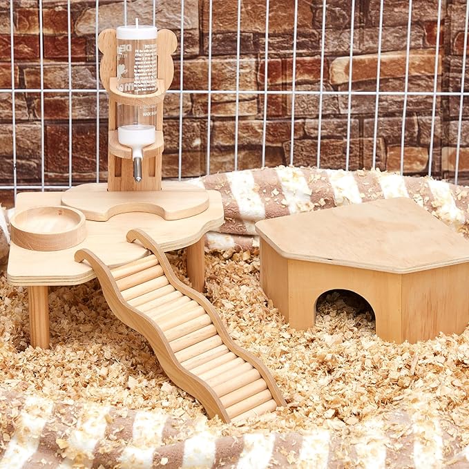 5 Pcs Hamster Cage Accessories, Wood Hamster Play Wooden Platform Water Bottle with Stand Climbing Set for Rat Mice Small Animals Pets Habitats Woodland Decor(Scalloped Platform)