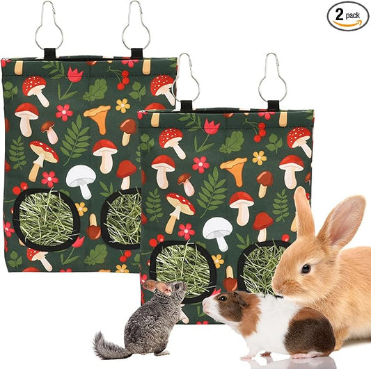 JarThenaAMCS 2Pcs Rabbit Hay Feeder Bag with 2 Holes 11.5 x 9 Inch Mushroom Guinea Pig Hanging Hay Feeding Bag Storage Dispenser for Chinchilla Hamster Bunny Small Animal Pet