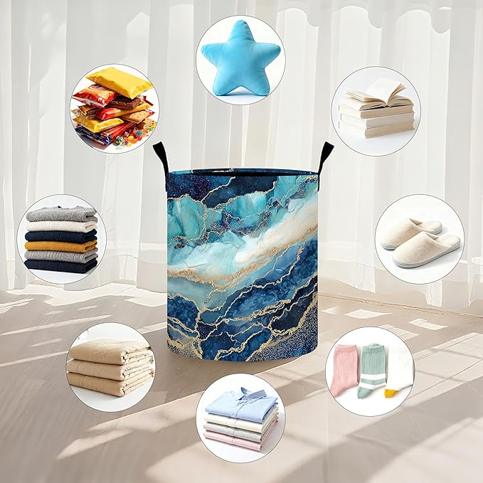 Marble Teal Laundry Basket Storage Bin Foldable Laundry Hamper Clothes Storage Bucket Organizer 19.6x15.7 Inch For Laundry Room/Bedroom/Bathroom