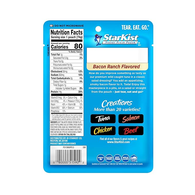StarKist Tuna Creations Bacon Ranch Pouch (2.6 oz - 24 Pack) Wild Caught, High Protein Shelf Stable Seafood, Gluten Free, Soy Free, Kosher, No Draining, Ready to Eat for Salads and Sandwiches