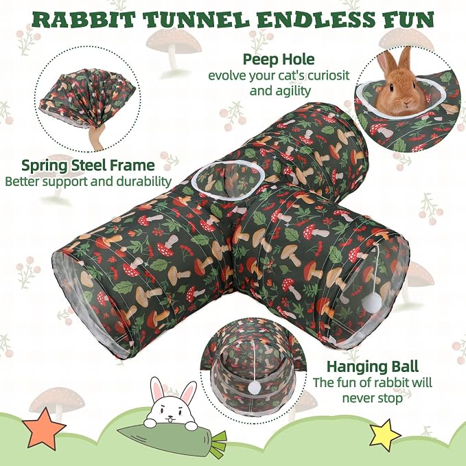 BWOGUE Bunny Tunnels & Tubes Collapsible 3 Way Bunny Hideout Small Animal Activity Tunnel Toys for Dwarf Rabbits Guinea Pigs Kitty