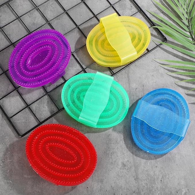 LemonRoad 10 Pcs Large Rubber Curry Comb with Handle Bulk Horse Grooming Brush for Barns and Rescues, Shedding and Bath Brush for Horses Dogs Cats, 5 Colors, 4.6 x 5.8 Inch