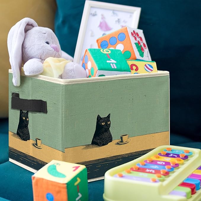 Vintage Coffee Black Cat Storage Bin Box, Cat Lover Mom Lady Grandma Gifts Collapsible Storage Basket Organizer for Bedroom Bathroom Home Clothes Toys Books, Toybox for Girls