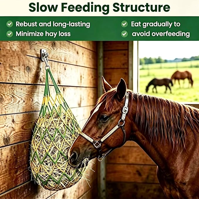 3 PCS Hay Bags for Horses with Carabiners - Heavy Duty Slow Feeder Hay Nets, 2.3-Inch Hole for Horses & Goats, Reduces Waste, Stall Trailer Pasture