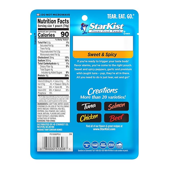 StarKist Tuna Creations Sweet and Spicy Pouch (2.6 oz - 24 Pack) Wild Caught, High Protein Shelf Stable Seafood, Gluten Free, Soy Free, No Draining, Ready to Eat for Salads and Sandwiches