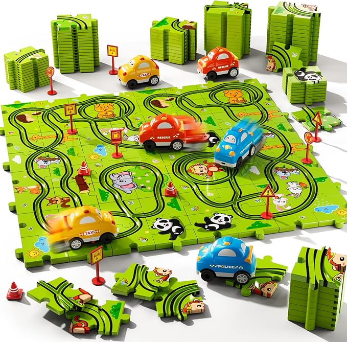 Beby Buty 64PCS Puzzle Race Track Car Set for Kids Boys, Floor Puzzle Tracks Car Toys for Boys Girls Ages 3-5 4-6, Toddler Toys Gifts for 3 4 5 Year Old, Ideal 3 4 5 6 Year Old Birthday Gifts