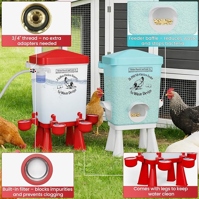 3 Gallon Automatic Chicken Feeder and Waterer Set with Float Valve, Chick Feeder Coop Poultry Waterer with Cups and Feeding Ports No Waste,Standing/Hanging Use, Chicken Coop Accessories
