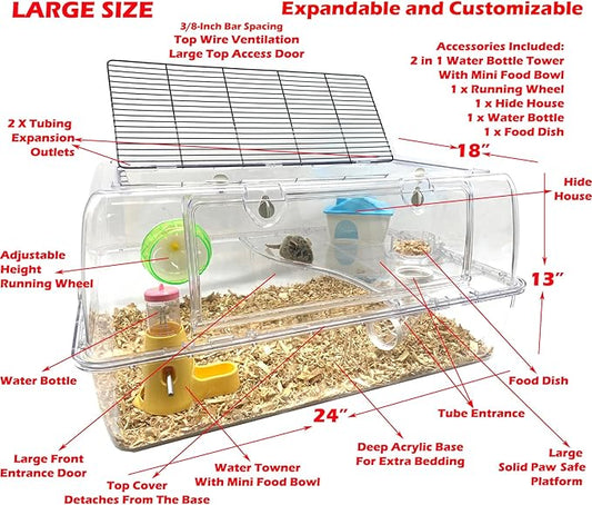 Large 2-Tiers Acrylic Clear Hamster Mouse Deluxe Palace House Habitat with Large Running Wheel Water Bottle Tower Food Bowl Hide House Deep Base Ground Expansible Outlet