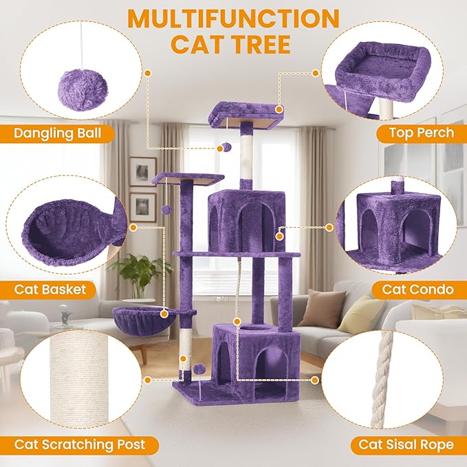 54-Inch Cat Tree Tower with 2 Caves & 2 Pompoms - Multi-Level Tower for Indoor Cats, Soft Plush Condo with Scratching Posts - Sturdy Base for Large Cats(Purple)