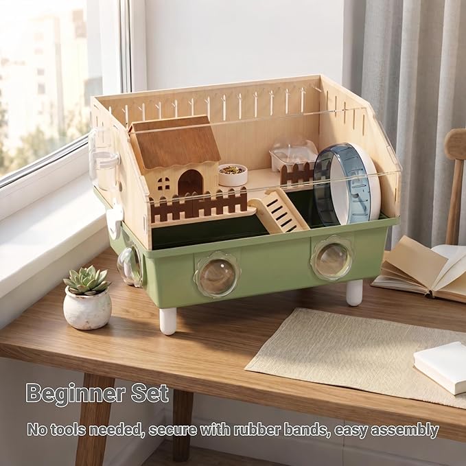 Small Animal Houses & Habitats, Hamster Cage for Dwarf Mouse, Complete Acrylic Small Animal Starter Kit with Accessories, Easy Clean Transparent Pet Cage for Hamsters Gerbils (Green)