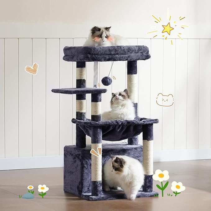 Heybly Cat Tree, Kitten Tower with Large Soft Cat Basket,Cat Condo with Spacious Cat Bed Cave with Hidden Space，Sisal-Covered Scratching Posts,Dangling Ball for Indoor Cats, Smoky Gray HCT008SG