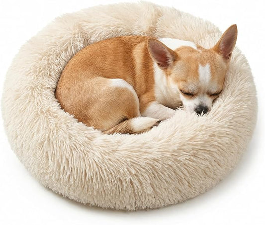 Tiny Dog Bed 15 Inch for Extra Small Dogs,Washable Puppy Bed,Soft Faux Fur Calming Donut Bed for Chihuahua Yorkie Maltese Pomeranian,Beige