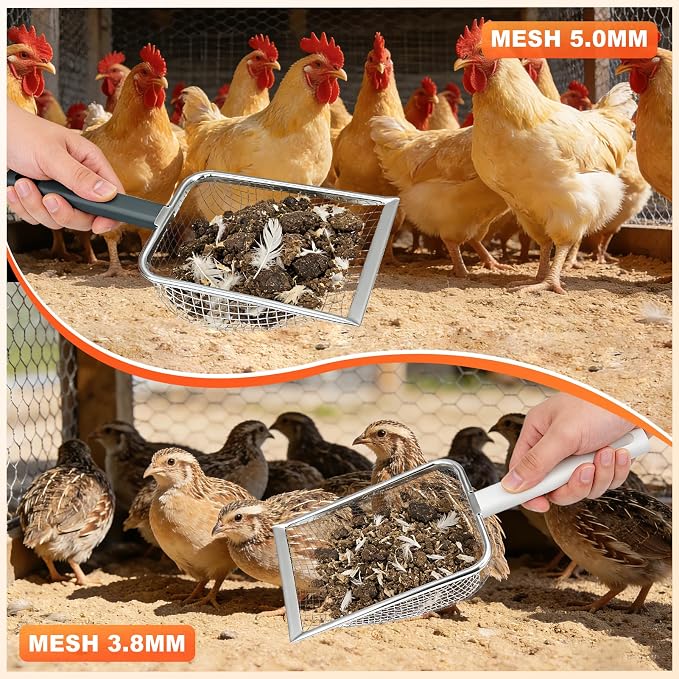 2 Pack Chicken Poop Scooper for Coop, Chicken Coop Shovel with 3.8mm (Fine) & 5mm (Medium) Mesh – Metal Rake & Scoop Tool with Hanger Hooks for Sifting Sand, Litter & Chicken Supplies