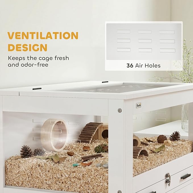 PawHut Hamster Cage with Storage Cabinet, Small Animal Cage with Pull Out Drawer and Acrylic Panels, Ventilated Large Guinea Pig Habitat for Bunny, Hedgehog, Gerbil, Rat, 30" x 19.5" x 36"