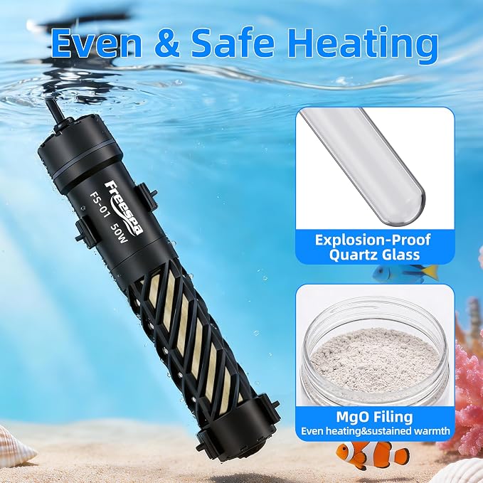 FREESEA Aquarium Heater for Fish Tank: 50W Small Submersible Thermostat with Off-Water Protection & UL Certified Cord for 3-10 Gallon Fish Turtle Tanks Enthusiasts