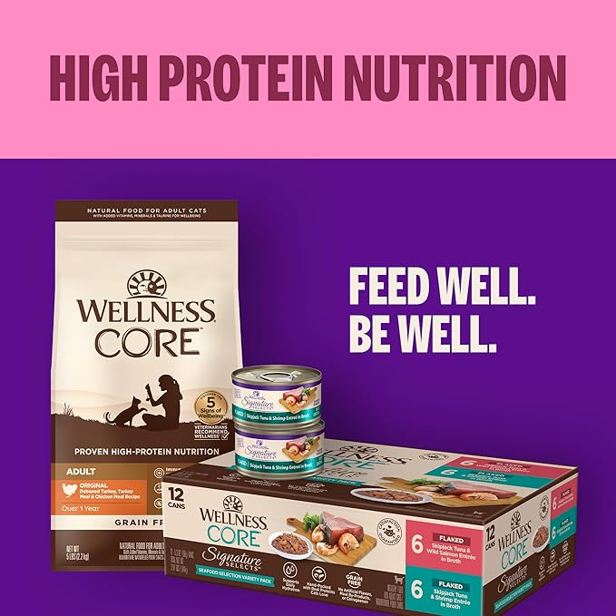Wellness CORE Signature Selects Flaked Adult Canned Wet Cat Food, Natural, Protein Rich, Grain Free, Yellowfin Tuna and Tilapia Entrée Recipe, 2.8 oz, Pack of 12 Cans