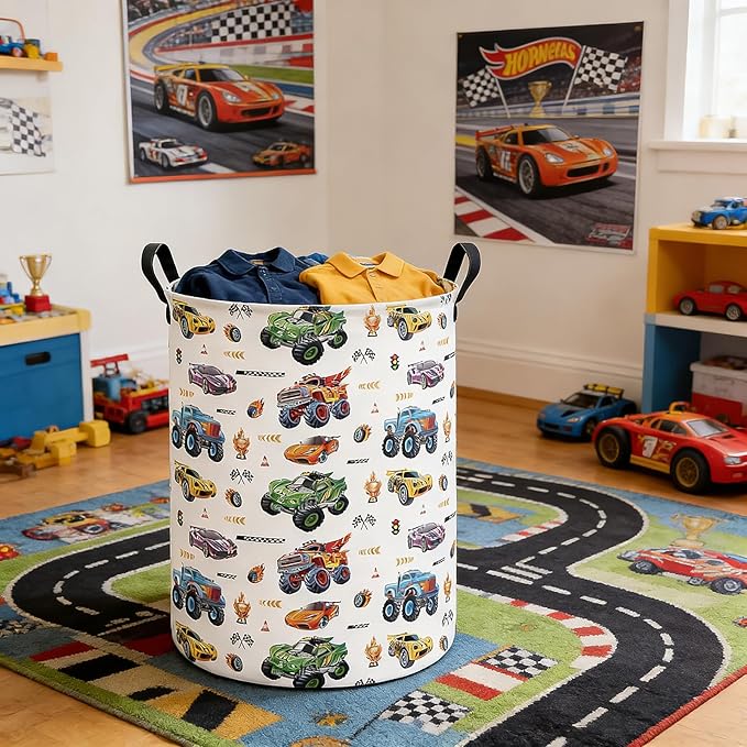 Monster Truck Laundry Hamper Storage Basket, Nursery Hamper Canvas Laundry Basket Foldable with Waterproof PE Coating for Kids, Office, Bedroom, Clothes,Toys(Monster Truck)