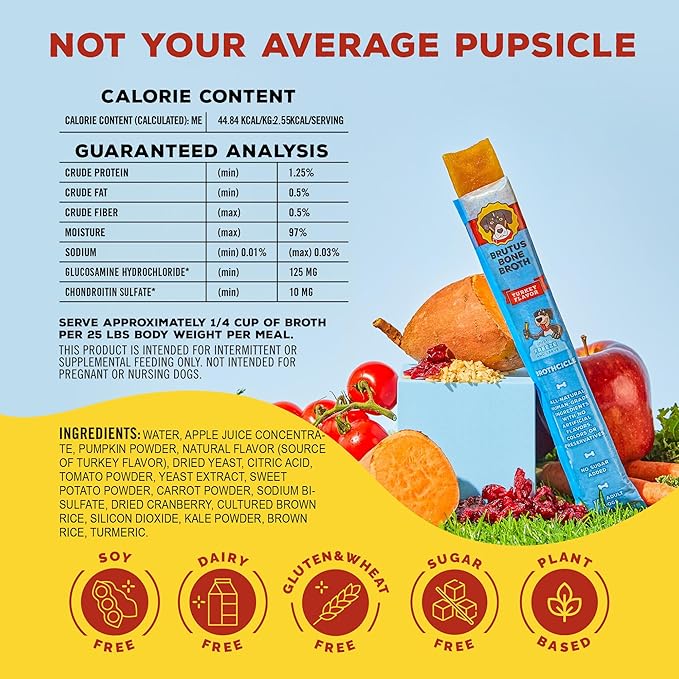 Brutus Brothcicles Frozen Dog Treats - Turkey Flavor Dog Popsicle Snack, Hydrating Frozen Enrichment Treat with Superfoods,12 Fl Oz Pack of 1 (2 oz per Stick)