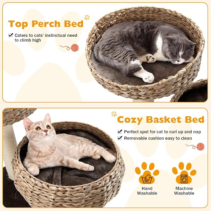 Tangkula Modern Cat Tree for Indoor Cats, Small/Tall Cat Tower with Natural Sisal Scratching Post, Hand-Made Wicker Cat Condo & Top Perch, Funny Hanging Toy Ball, Cute Cat Tree Tower for Large Cats