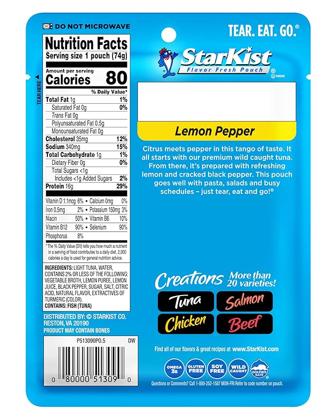 StarKist Tuna Creations Lemon Pepper Pouch (2.6 oz - 12 Pack) Wild Caught, High Protein Shelf Stable Seafood, Gluten Free, Soy Free, No Draining, Ready to Eat for Salads and Sandwiches
