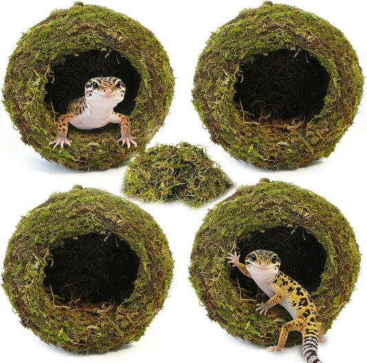 4pcs Crested Gecko Hide,Reptile Mossy Caves Hideout,Leopard Gecko Humid Hide,Natural Moss Cave Hiding Decor Tank Accessories for Reptiles, Amphibians,Invertebrates,Lizard,Frog