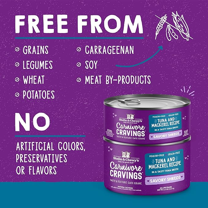 Stella & Chewy's Carnivore Cravings Savory Shreds - Wet Cat Food - High-Moisture Formula with Premium Wild-Caught Tuna & Mackerel - Perfect for Picky Eaters - 5.2 oz, 8 Count