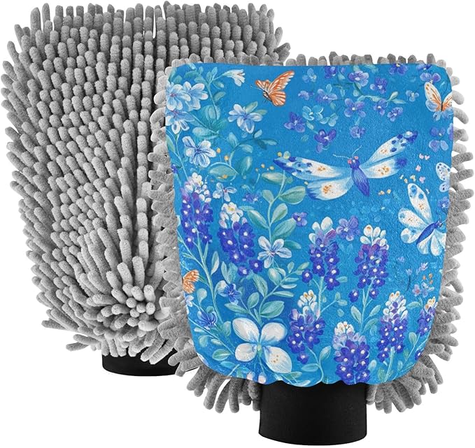 Car Wash Mitt Microfiber Wash Mitts for Car Washing Scratch-Free Cleaning Gloves Soft Non Absorbent Chenille Auto Hand Mitt Large 2Pack Bluebonnet Birds and Butterflies Blue