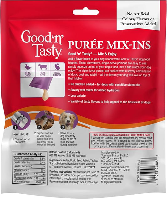 Good 'n' Tasty Triple Flavor Puree Mix-Ins Dog Food Topper Treats for All Dogs, 28 Count, Easy Single-Serve Portions, Added Protein with Duck, Beef and Rabbit, No Chicken Added