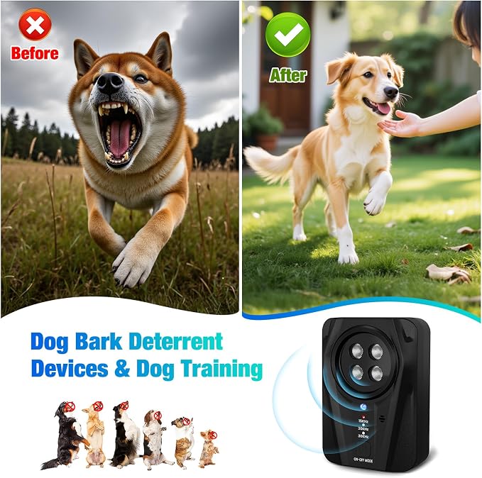 Dog Bark Deterrent Devices, Automatic Anti Barking Device with 4 Ultrasonic Transmitters Long Range 50FT, 3 Mode Rechargble Barking Control Devices, Effective Stop Bark Box Outdoor & Indoor