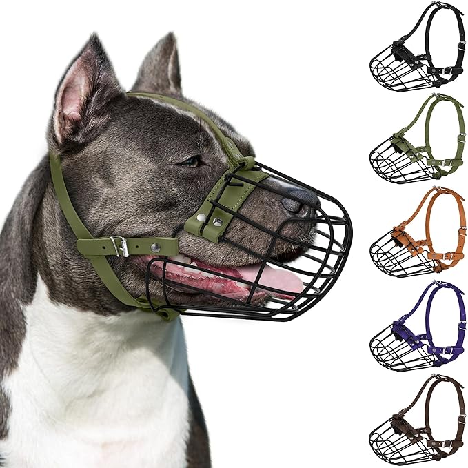 Pitbull Dog Muzzle Breathable Metal Basket for Large Dogs Amstaff Staffordshire Terrier Secure Wire Mask Adjustable Durable Leather Straps Biting Chewing Barking (Olive)