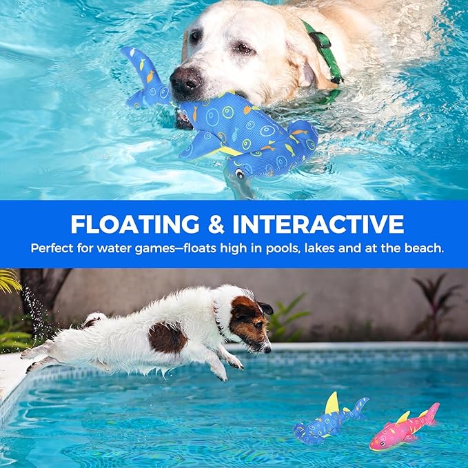 BINGPET Floating Dog Toys, 2 Pack Durable Squeaky Shark Water Toy for Pool Beach Outdoor Interactive Fetch, Oxford Fabric Summer Swimming Pool Toys for Small Medium Large Dogs