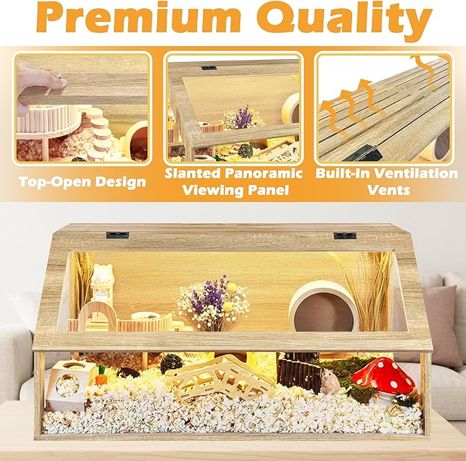 PROLEE Hamster Cage Chewproof, 40" x 20" x 20" Sloped Mice and Rat Habitat with Clear View, Solid Built with Lockable Design and Openable Top (White Oak)