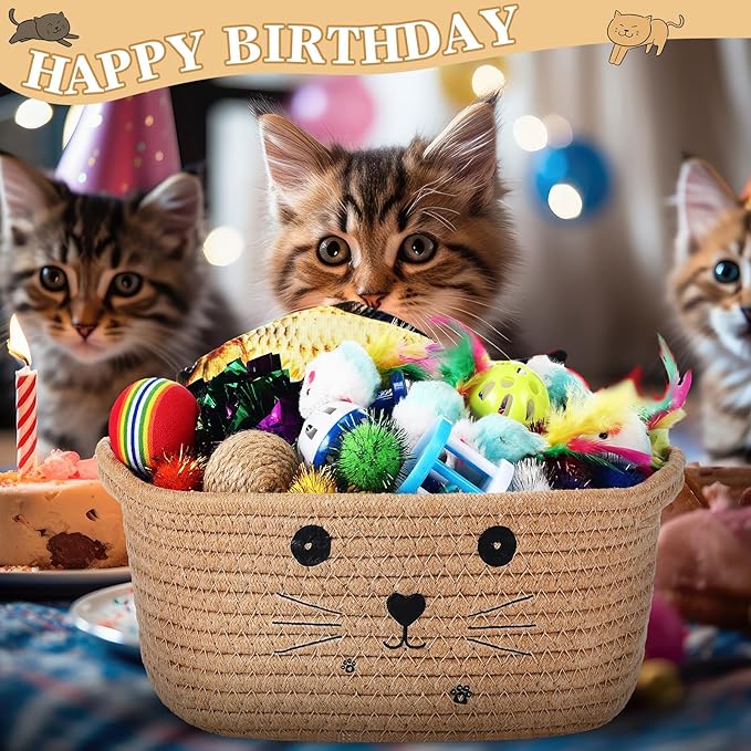 Zopeal 58 Pcs Mother’s Day Cat Storage Basket Gift Toys Set, Colorful Flashing Balls Pet Bell Crinkle Balls Spring Toys Attract Cat to Swat, Hunt, Interactive for Pet(Khaki,9.8 Inch)