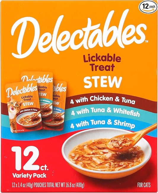 Delectables Lickable Treat Stew Wet Cat Treat Variety Pack, Food Topper, Hydrating, Grain-Free, No Fillers, No By-Products, No Added Preservatives, 1.4oz Pouch, 12ct