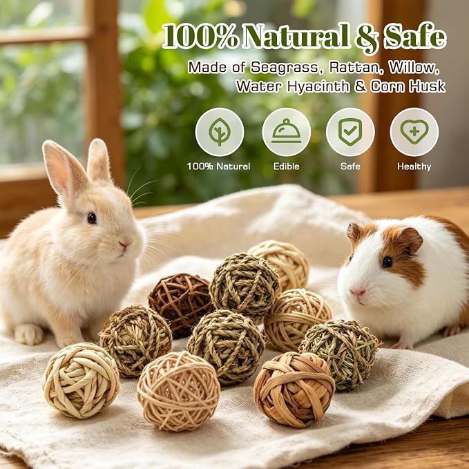 8 Pcs Bunny Chew Grass Balls, Hangable Natural Handmade Enrichment Toys for Teeth Grinding, Enrichment Treats for Rodents Rabbits Guinea Pigs Chinchillas Hamsters Mice, Rolling Chew Toys (2.4") (8pcs)
