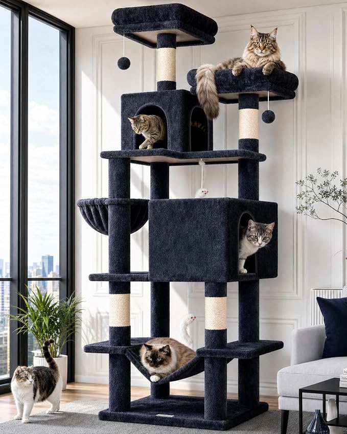Globlazer Cat Tree Tower, 76-Inch Extra Tall Multi-Level Cat Furniture with Cozy Condos, Hammock and Perches for Adult Cats, Perfect for Climbing, Scratching, and Play, F76, Dark Grey