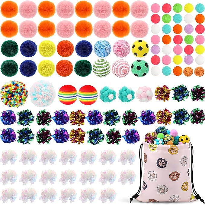 Leitee Cat Toy Balls Bulk with 1 Cat Paw Gift Storage Bags Set - Variety Interactive Kitten Toys Bundle with Crinkle Ball, Balls, Bells for Cats Mom Kittens and Indoor Cats Chase Pounce Rattle Play