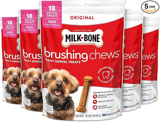 Milk-Bone Brushing Chews Original Chicken Flavor Daily Dental Dog Treats, Mini, 7.1 Oz. Bag (Pack of 5)