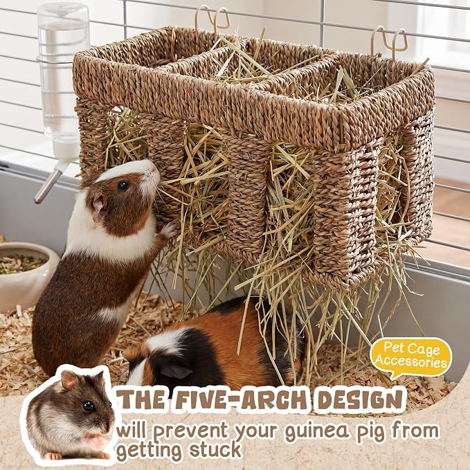 Sliner 2 Pcs Natural Seagrass Guinea Pig Hay Feeder, Five Arch Rabbit Hay Rack Holder with Metal Hanging Hook, Less Waste for Bunny Chinchillas, Small Animal Cage Accessories, Pet Gifts